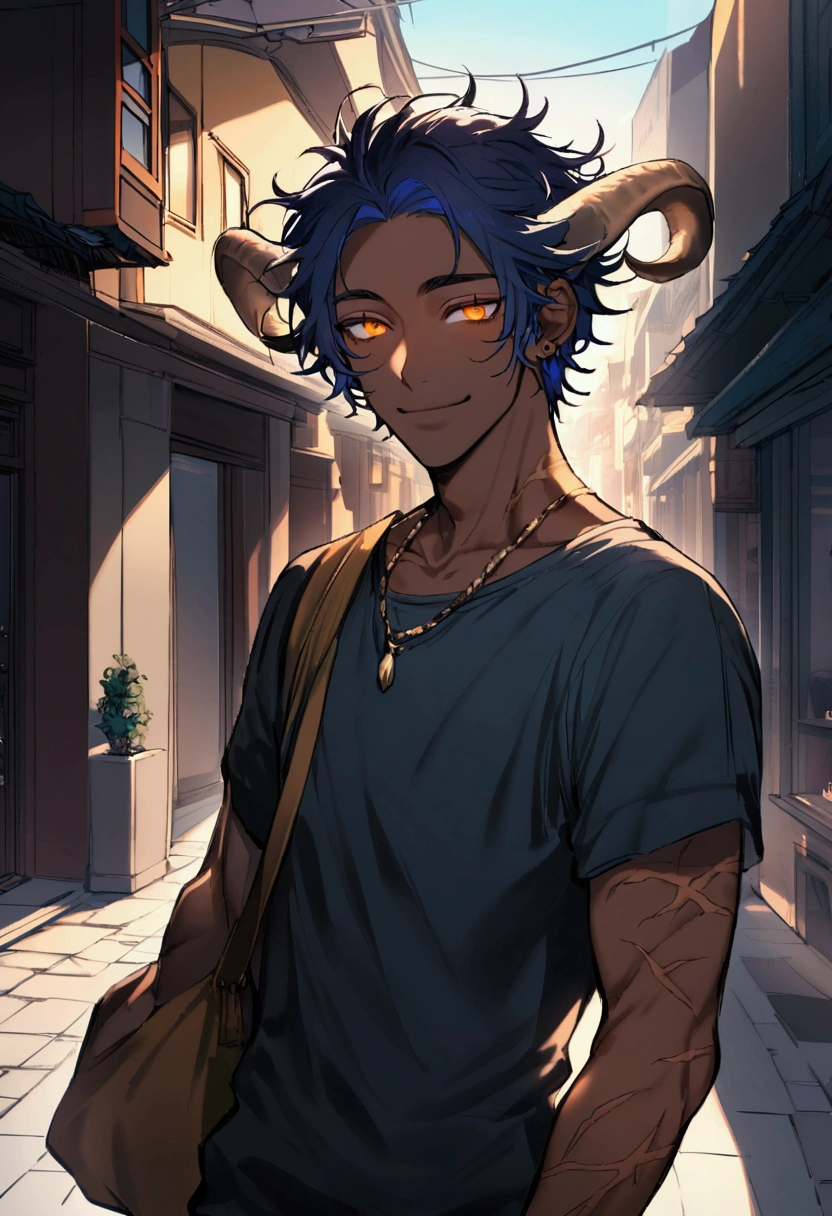 male, boy, brown skin, navy blue hair, messy hair, orange eyes, scars all over his body, Yagimimi, has goat horns, casual clothes, smiling