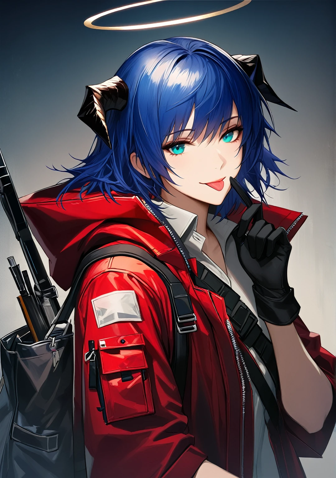 (woman), ((Mostima from arknights)), masterpiece, best quality, blue hair, ((short hair)), horns, plain white shirt, red fullbody coat, red hood, dark blue eyes, realistic anime style, smiling, ((portrait)), black gloves, carring a bag, halo, tip of tongue out.