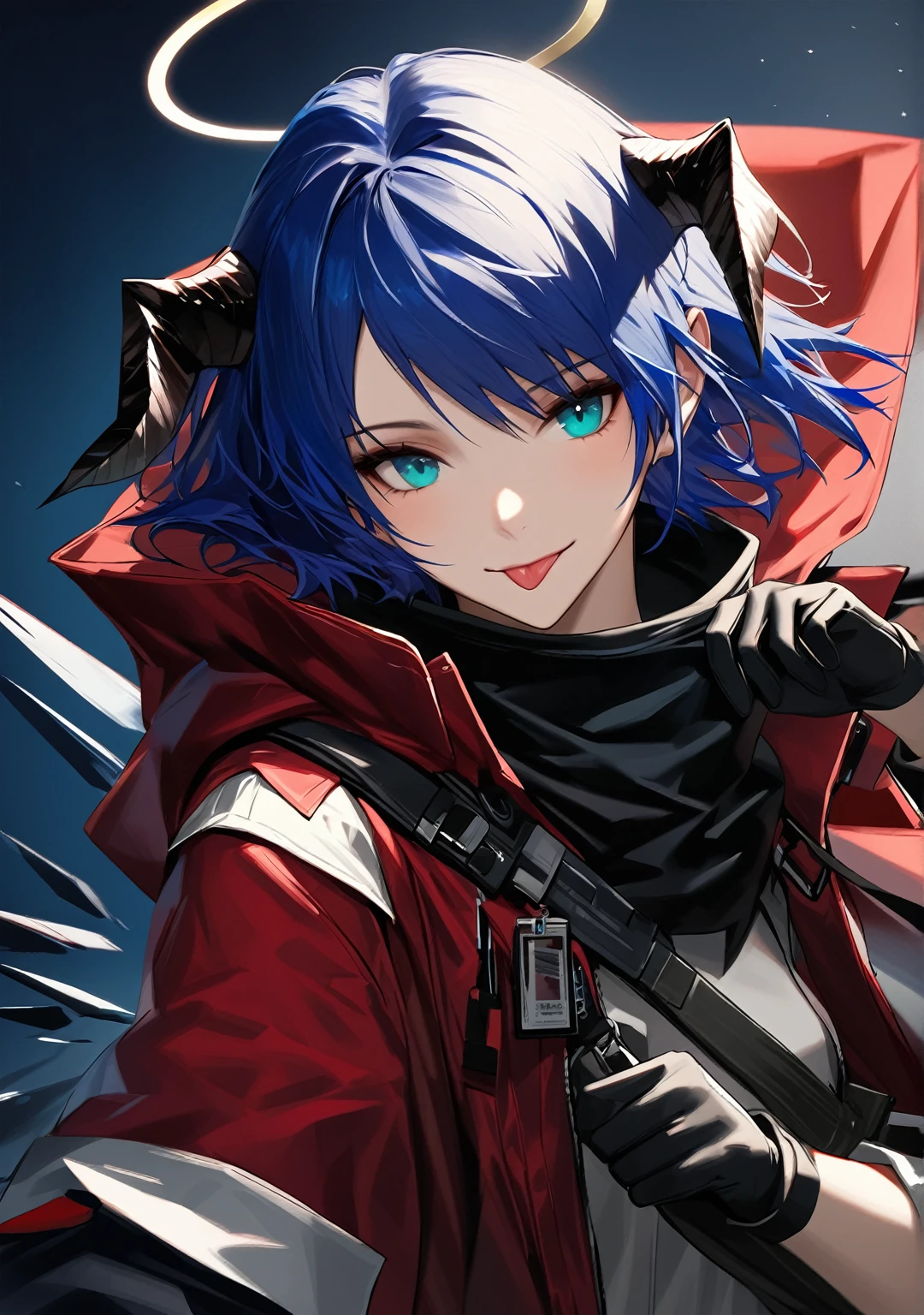 (woman), ((Mostima from arknights)), masterpiece, best quality, blue hair, ((short hair)), horns, plain white shirt, red fullbody coat, red hood, dark blue eyes, realistic anime style, smiling, ((portrait)), black gloves, carring a bag, halo, tip of tongue out.