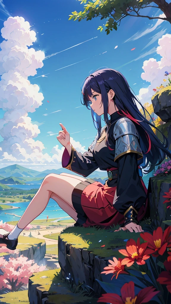 anime-style illustration, The image shows a young woman sitting on the grass watching overlooks the vast expanse of clear blue sky, flower colorful color blue red green purple yellow, fantasy world medieval, rocks, vibrant style, Vibrant colors