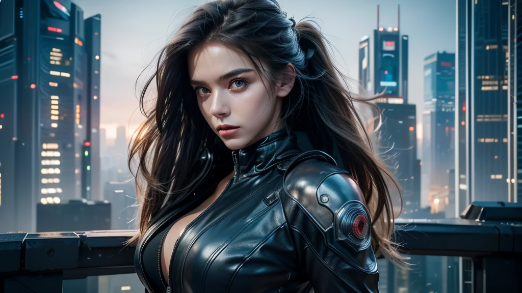 ((masterpiece, best quality, Highest image quality, high resolution, Reality, RAW photos, 8K)), futuristic city,Cyberpunk style city,standing on top of the building,Beautiful girl,Tight leather jacket,Off-shoulder,Large Breasts,Long hair,Black Wings,Pretty face,Closed mouth,dramatic,Mid-range portrait,midnight