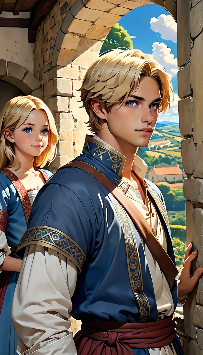 high resolution, (work of art:1.4), TWO CHARACTERS Hyper-detailed, 1 young, short blonde hair, medieval costume, Sentado em uma Room de castelo. Young man looking out the window.
Um outro naughty man de meia idade entra no Room seus cabelos são longos e loiros usando uma túnica branca e azul
Dois personagens, naughty man, Child boy, medieval scenery, . boy na janela, naughty man parado na porta, Room, two characters,naughty man e garoto