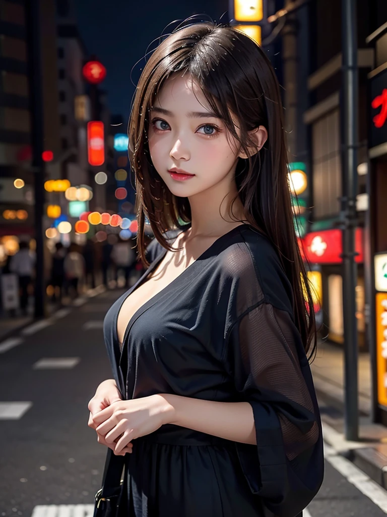 1girl, Tokyo street,night, cityscape,city lights, upper body,close-up, 8k, RAW photo, best quality, masterpiece,realistic, photo-realistic, Bule eye:1.4, Hair Style random, front cover,