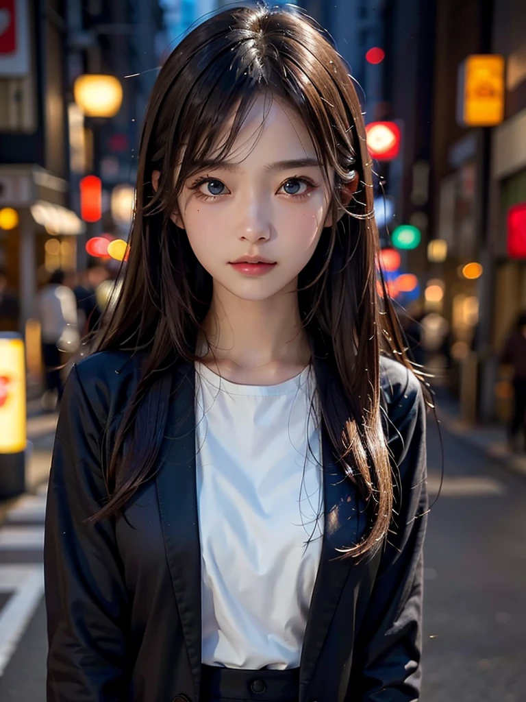 1girl, Tokyo street,night, cityscape,city lights, upper body,close-up, 8k, RAW photo, best quality, masterpiece,realistic, photo-realistic, Bule eye:1.4, Hair Style random, front cover,