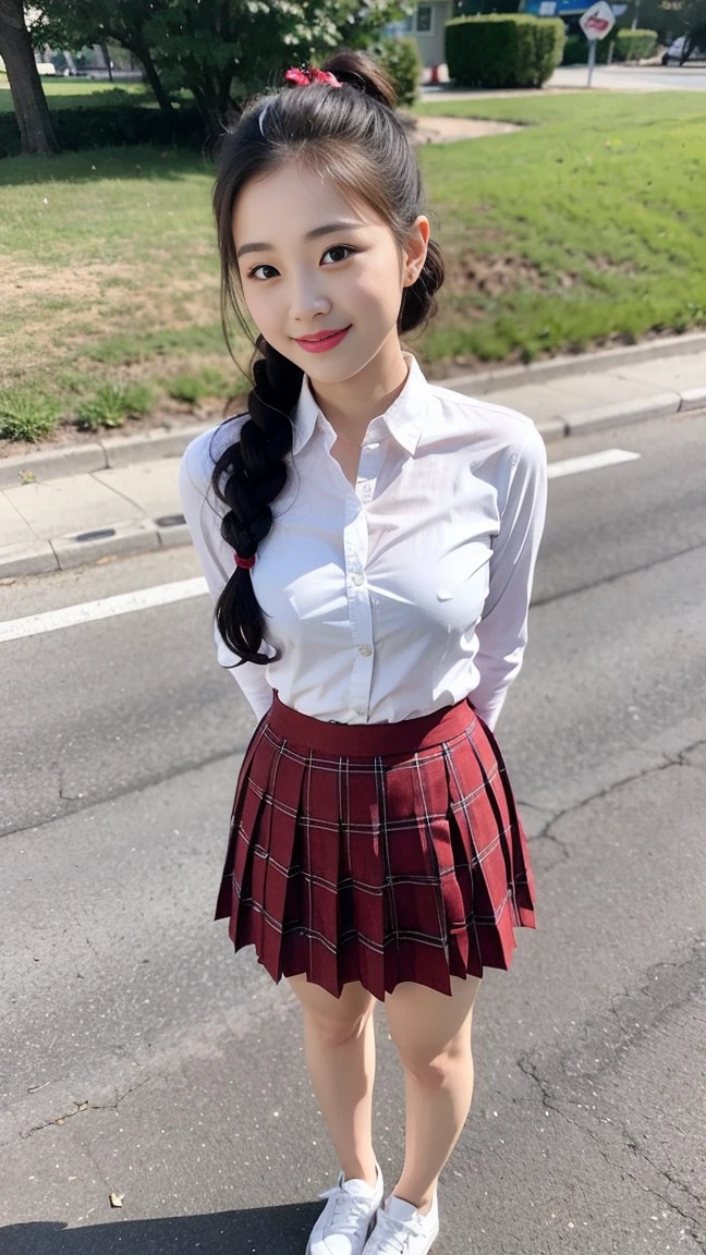 Wearing a white shirt, girl, (tight top:1.5),close your mouth and smile,legs long,, (Dark red plaid pleated skirt:1.5),,White skin of the,high high quality,4K, Face-to-face audience, 1 plump girl,hair tying up,at the street side,(Bring your legs together:1.5),with a round face,(a charming smile:1.2), 32 inches in the chest, (sexy pose),(standing pose) ,(full body shot)、Chest 32 inches, ,Stand on the grass and take pictures