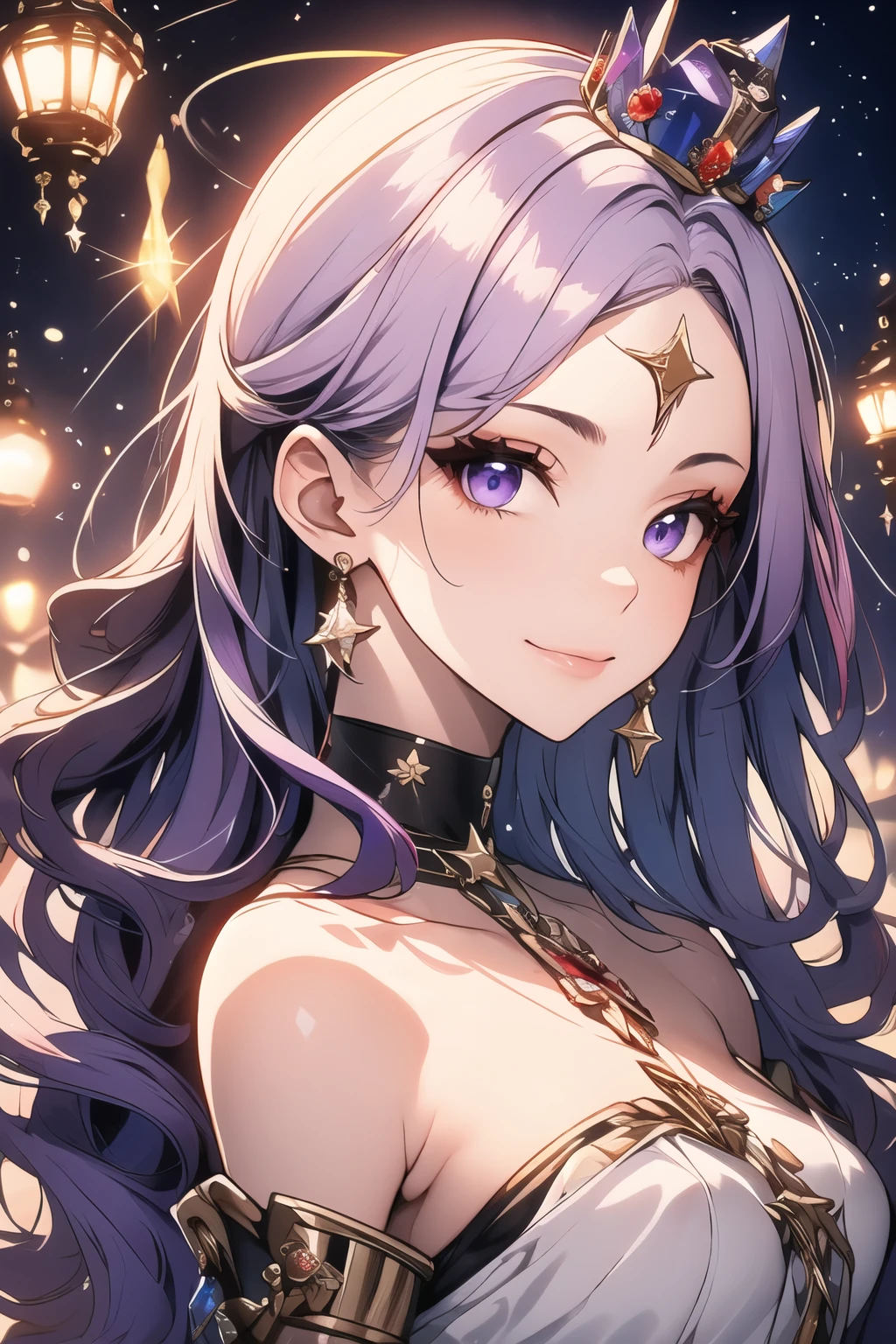 ((best quality)), ((masterpiece)), (detailed), detailed eyes, detailed hands, body image from chest to above her head, humanoid kitsune, crystal coronet crown on top of head, light purple hair, light purple fox ears, eight-point crystal star on forehead, delicate and beautiful detailing, beautiful face, well-proportioned detailed eyes, round detailed eyes and makeup, beautiful detailed and clear eyes, volume smooth and sharp, long flat bangs, fictional art, best photos, best quality, best photos, very beautiful and meticulous eight-point crystal star shape on forehead, delicate, mouth closed smile, not fully smiling, starry backgroung