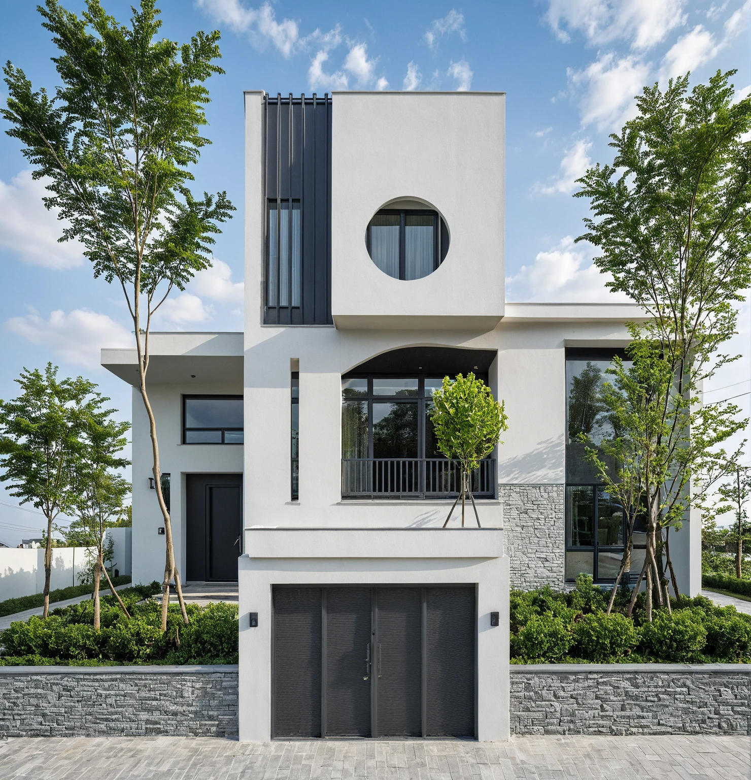 Raw photo, great product, high quality, best quality, authentic, super detailed, outdoor, 2-storey house, modern townhouse style, (white wall), Gray stone fence, painted curved wall white, Curved wall facade, aluminum glass door interior, white painted curved planter, gray tiled wall, gray iron box outer gate, road, sidewalk, grass, trees, sky, clouds, (daylight):1.1)