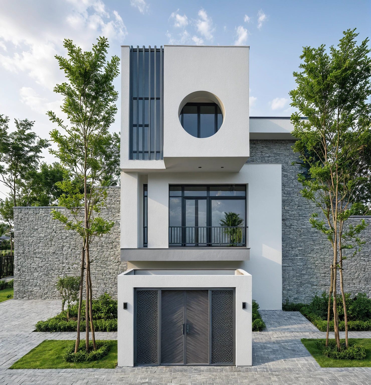Raw photo, great product, high quality, best quality, authentic, super detailed, outdoor, 2-storey house, modern townhouse style, (white wall), Gray stone fence, painted curved wall white, Curved wall facade, aluminum glass door interior, white painted curved planter, gray tiled wall, gray iron box outer gate, road, sidewalk, grass, trees, sky, clouds, (daylight):1.1)