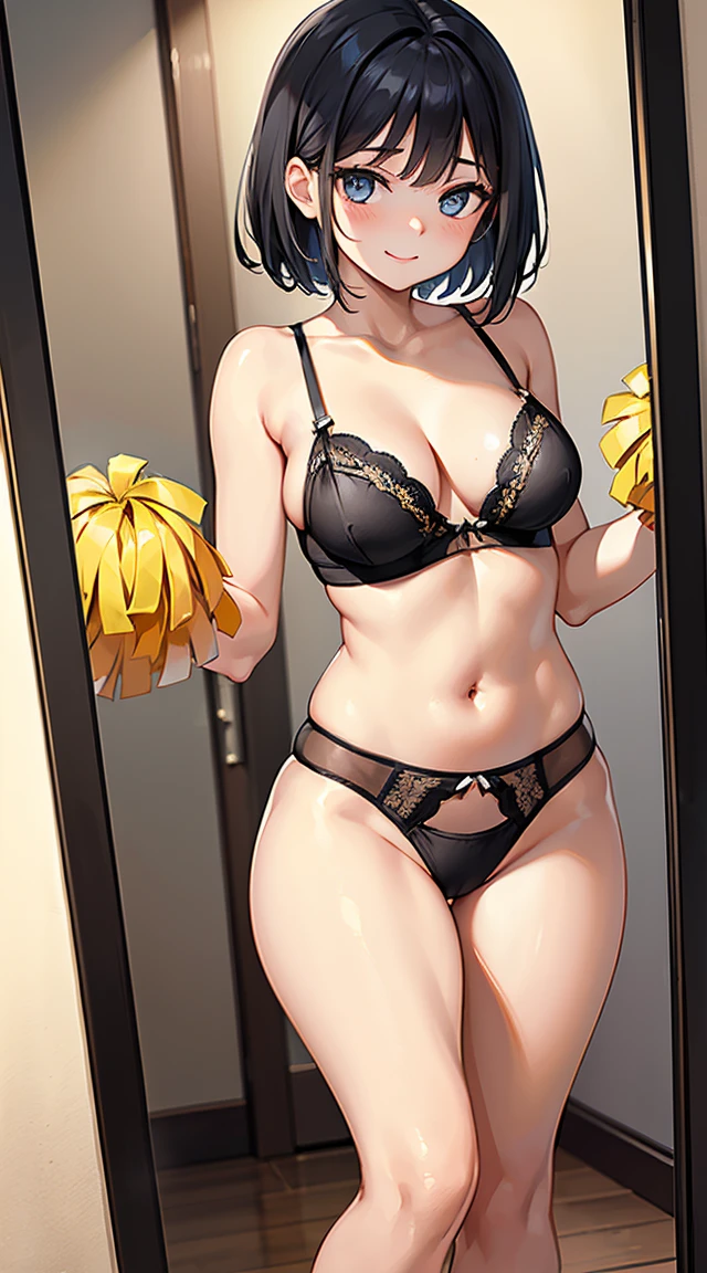 (RAW Photos, Highest quality, And soul: 1.2), (Cheerleader:1.2), alone, (Sharp face), (Makes your face smaller:1), One woman, beautiful, (Skin with attention to detail:1.2), smile, clavicle, Pretty face, beautiful eyes, Long eyelashes, (shortcut), Black-haired, Sparkling eyes, (Sexy Lingerie), (((In front of the mirror))), ((Shooting with a smartphone:1.2)), Professional Lighting, Photon Mapping, Physically Based Rendering, Perfect limbs, Perfect Anatomy, Anatomically correct,