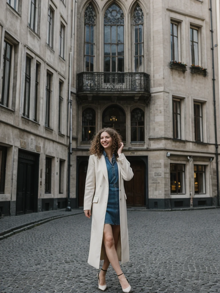 her name is Amelie, high quality, 1girl, ((25-year-old fit Caucasian woman)), ((25 years old)), ((BODY TYPE: HOURGLASS)), ((LONG CURLY HAIR)), SMILING, pose: standing, wearing Well-dressed ULTRA MODERN Generation-Z modern wear VARIETY colored, BACKGROUND:  "Strolling through the Grand Place, with its Flemish architecture and lively atmosphere."