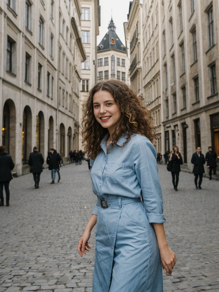 her name is Amelie, high quality, 1girl, ((25-year-old fit Caucasian woman)), ((25 years old)), ((BODY TYPE: HOURGLASS)), ((LONG CURLY HAIR)), SMILING, pose: standing, wearing Well-dressed ULTRA MODERN Generation-Z modern wear VARIETY colored, BACKGROUND:  "Strolling through the Grand Place, with its Flemish architecture and lively atmosphere."