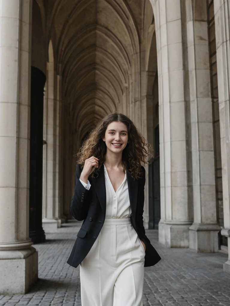 her name is Amelie, high quality, 1girl, ((25-year-old fit Caucasian woman)), ((25 years old)), ((BODY TYPE: HOURGLASS)), ((LONG CURLY HAIR)), SMILING, pose: standing, wearing Well-dressed ULTRA MODERN Generation-Z modern wear VARIETY colored, BACKGROUND:  "Strolling through the Grand Place, with its Flemish architecture and lively atmosphere."