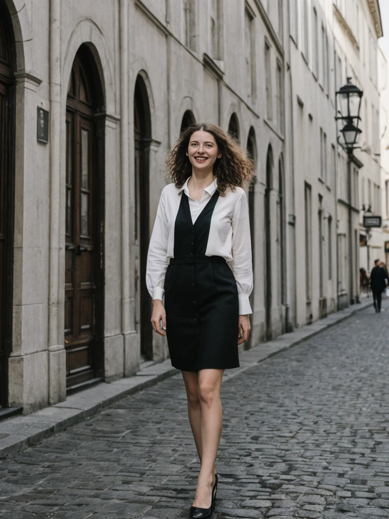 her name is Amelie, high quality, 1girl, ((25-year-old fit Caucasian woman)), ((25 years old)), ((BODY TYPE: HOURGLASS)), ((LONG CURLY HAIR)), SMILING, pose: standing, wearing Well-dressed ULTRA MODERN Generation-Z modern wear VARIETY colored, BACKGROUND: "Strolling through the Grand Place, with its Flemish architecture and lively atmosphere."
