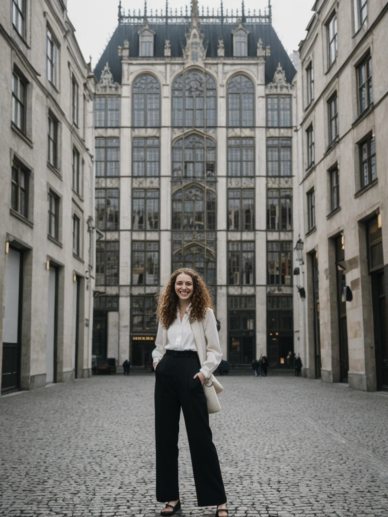 her name is Amelie, high quality, 1girl, ((25-year-old fit Caucasian woman)), ((25 years old)), ((BODY TYPE: HOURGLASS)), ((LONG CURLY HAIR)), SMILING, pose: standing, wearing Well-dressed ULTRA MODERN Generation-Z modern wear VARIETY colored, BACKGROUND:  "Strolling through the Grand Place, with its Flemish architecture and lively atmosphere."