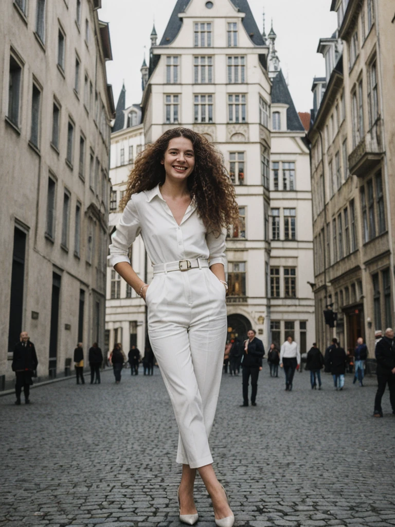 her name is Amelie, high quality, 1girl, ((25-year-old fit Caucasian woman)), ((25 years old)), ((BODY TYPE: HOURGLASS)), ((LONG CURLY HAIR)), SMILING, pose: standing, wearing Well-dressed ULTRA MODERN Generation-Z modern wear VARIETY colored, BACKGROUND:  "Strolling through the Grand Place, with its Flemish architecture and lively atmosphere."