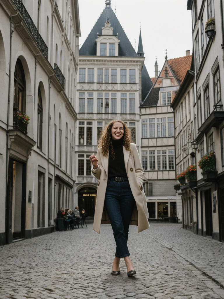 her name is Amelie, high quality, 1girl, ((25-year-old fit Caucasian woman)), ((25 years old)), ((BODY TYPE: HOURGLASS)), ((LONG CURLY HAIR)), SMILING, pose: standing, wearing Well-dressed ULTRA MODERN Generation-Z modern wear VARIETY colored, BACKGROUND: "Strolling through the Grand Place, with its Flemish architecture and lively atmosphere."