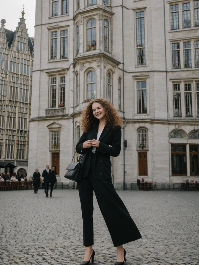 her name is Amelie, high quality, 1girl, ((25-year-old fit Caucasian woman)), ((25 years old)), ((BODY TYPE: HOURGLASS)), ((LONG CURLY HAIR)), SMILING, pose: standing, wearing Well-dressed ULTRA MODERN Generation-Z modern wear VARIETY colored, BACKGROUND:  "Strolling through the Grand Place, with its Flemish architecture and lively atmosphere."