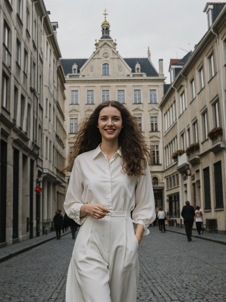 her name is Amelie, high quality, 1girl, ((25-year-old fit Caucasian woman)), ((25 years old)), ((BODY TYPE: HOURGLASS)), ((LONG CURLY HAIR)), SMILING, pose: standing, wearing Well-dressed ULTRA MODERN Generation-Z modern wear VARIETY colored, BACKGROUND: "Strolling through the Grand Place, with its Flemish architecture and lively atmosphere."