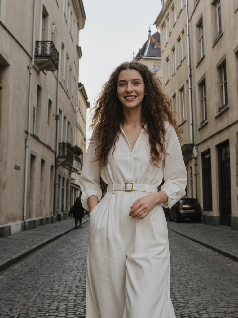 her name is Amelie, high quality, 1girl, ((25-year-old fit Caucasian woman)), ((25 years old)), ((BODY TYPE: HOURGLASS)), ((LONG CURLY HAIR)), SMILING, pose: standing, wearing Well-dressed ULTRA MODERN Generation-Z modern wear VARIETY colored, BACKGROUND: "Strolling through the Grand Place, with its Flemish architecture and lively atmosphere."
