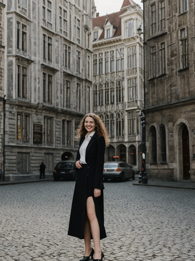 her name is Amelie, high quality, 1girl, ((25-year-old fit Caucasian woman)), ((25 years old)), ((BODY TYPE: HOURGLASS)), ((LONG CURLY HAIR)), SMILING, pose: standing, wearing Well-dressed ULTRA MODERN Generation-Z modern wear VARIETY colored, BACKGROUND:  "Strolling through the Grand Place, with its Flemish architecture and lively atmosphere."