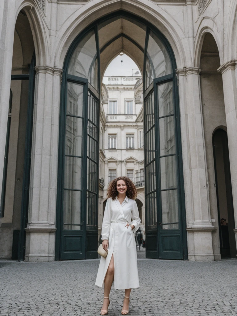 her name is Amelie, high quality, 1girl, ((25-year-old fit Caucasian woman)), ((25 years old)), ((BODY TYPE: HOURGLASS)), ((LONG CURLY HAIR)), SMILING, pose: standing, wearing Well-dressed ULTRA MODERN Generation-Z modern wear VARIETY colored, BACKGROUND: "Strolling through the Grand Place, with its Flemish architecture and lively atmosphere."