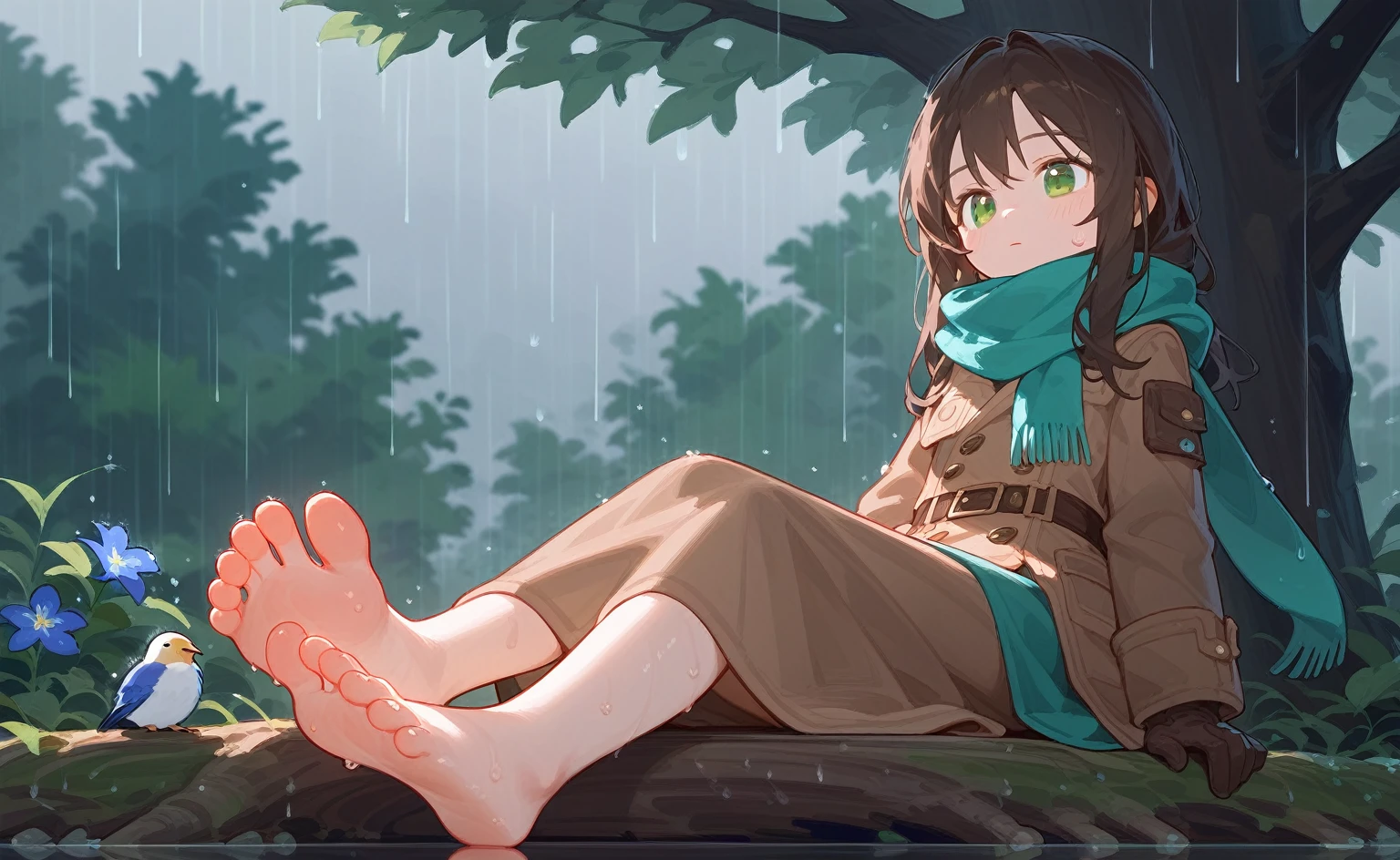 1Young girl,Dark brown long hair,scarf,green Eyes,Close one eye,blush,sweat,barefoot,Foot Focus,Stretch your feet in front of the camera,Clear and beautiful toes,coat,cute,rain,Puddles,Reflection,透明rain衣,Long skirt,Sitting on a tree stump,Strict and conservative dress,Gloves,Wildflowers,Birdie