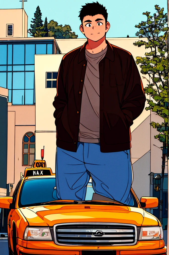 Chubby male ager, 20 years old,Occupation: taxi driver,Standing pose with two fingers,In front of the taxi near the church