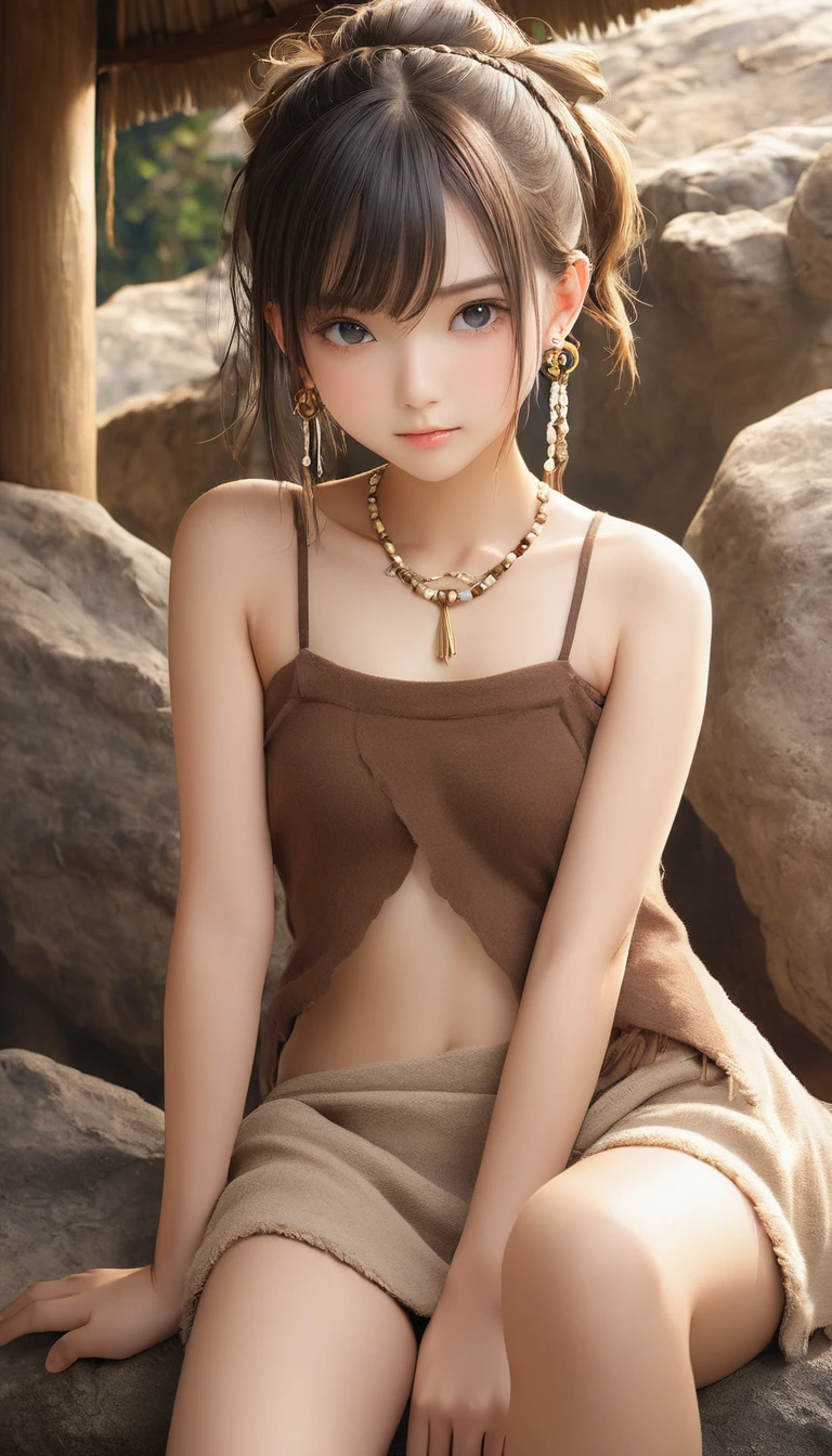 (masterpiece, Highest quality:1.2), One girl, alone,bony body、15 years old、Earrings、Stone Age