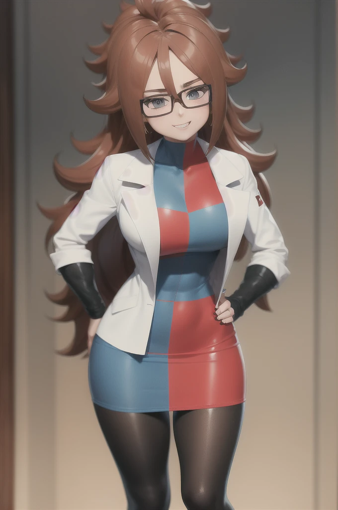masterpiece, Best Quality, def21, Glasses, plaid dress, lab coat, black pantyhose, asymmetrical boots, whole body, standing, looking at the viewer, hands on hips, looking down, from below, affected smile, teeth, frown, field, sky