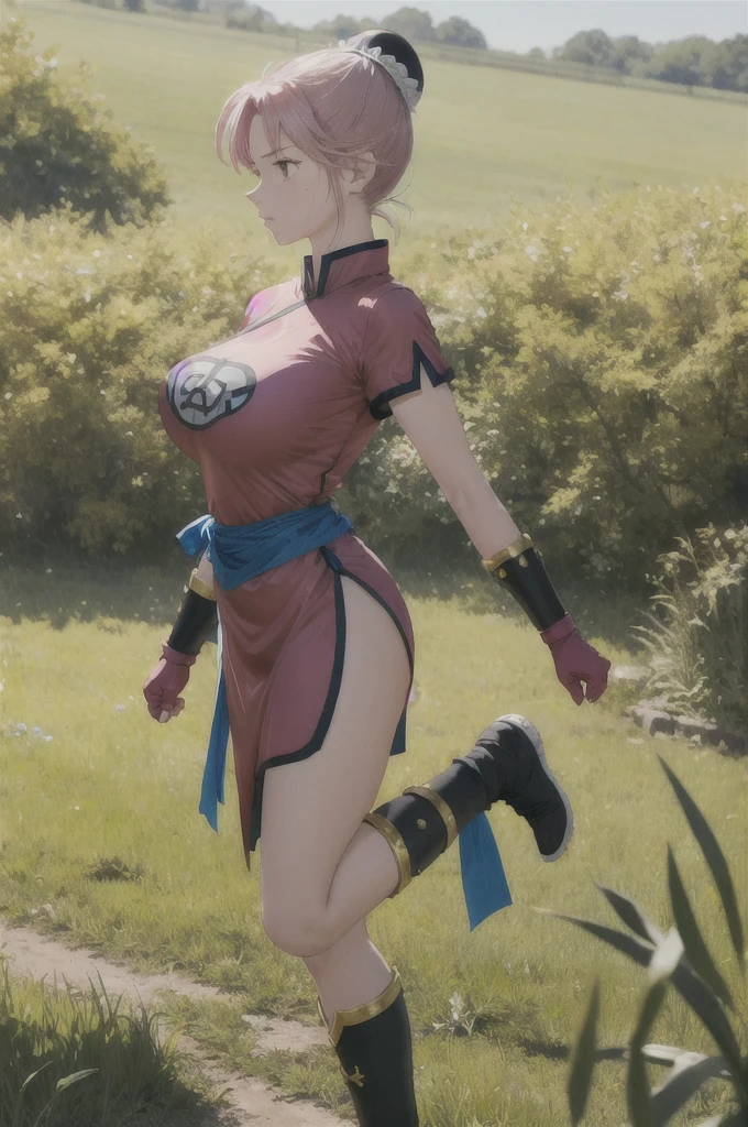 masterpiece, Highest quality, martialMaam, Hair Bun, short hair, China dress, Short sleeve, sash, Fingerless gloves, Combat Stance, From the side, View your viewers, Big Breasts:1.5, blue sky, Field, Standing on one leg