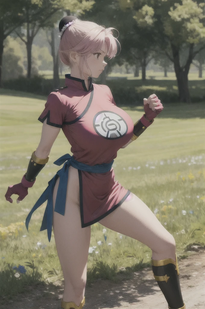 masterpiece, Highest quality, martialMaam, Hair Bun, short hair, China dress, Short sleeve, sash, Fingerless gloves, Combat Stance, From the side, View your viewers, Big Breasts:1.5, blue sky, Field, Standing on one leg