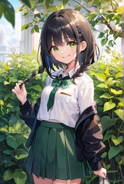 One Girl, (masterpiece), Highest quality, Black Hair, Bob, Braiding, Green Eyes, smile, (He is short), (young), small胸, (Without breast), navy and white blazer, Red ribbon on chest, School uniforms, small, High resolution