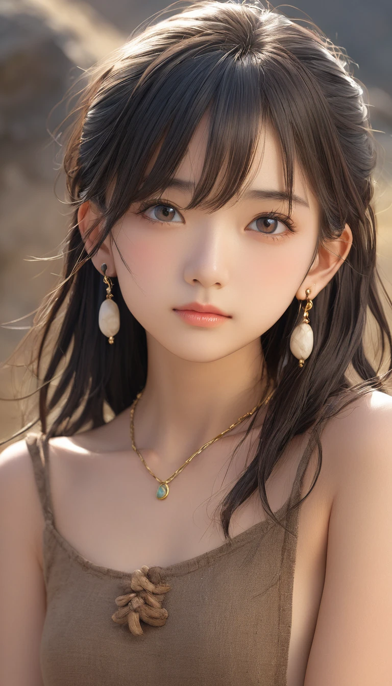 (masterpiece, Highest quality:1.2), One girl, alone,bony body、15 years old、Earrings、Stone Age