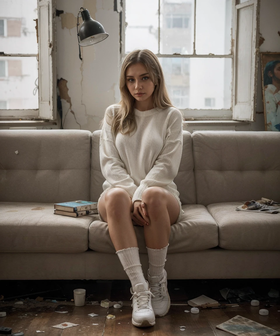 a woman sitting on a blue sofa wearing a white sweater, Anna Nikonova aka Newmilky, chica sexy, Victoria Gavrilenko, Angelina Stroganova, Portrait Sophie Mudd, in white clothes, tight suit, Yulia Gorokhova, 2 4 year old female model, hot sexy body, Instagram Template, Anastasia Ovchinnikova, attractive body, background an abandoned living room, walls peeling with moho, broken and worn furniture, sofas with torn upholstery and dried blood stains, windows with frayed curtains, ground covered in dust and debris, fallen and broken paintings, a flickering floor lamp in a corner