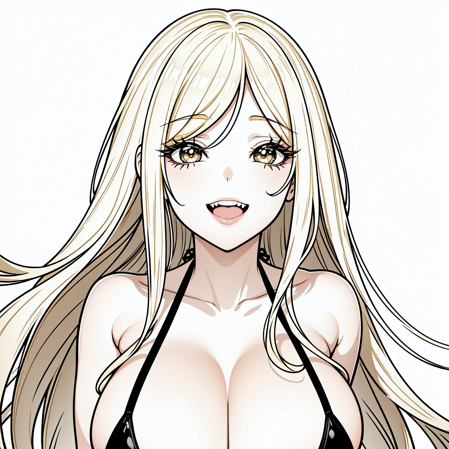 1girl, solo, upper body, low perspective, black lined illustration, not colored image, hot, nsfw, sexy, no accessories on head, no accessories in hair, long hair, long eyelashes, thick eyelashes, looking at viewer,
smile, open mouth, lust,
bikini, playful
white background, no background,