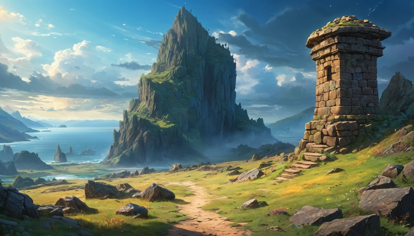 (anime, fantasy, stone beacon),(best quality, highres, HDR:1.2), vibrant colors, mysterious atmosphere, big stone beacon on the horizon, weathered, crumbling down, debris, general shot, ethereal light, fantastical landscapes