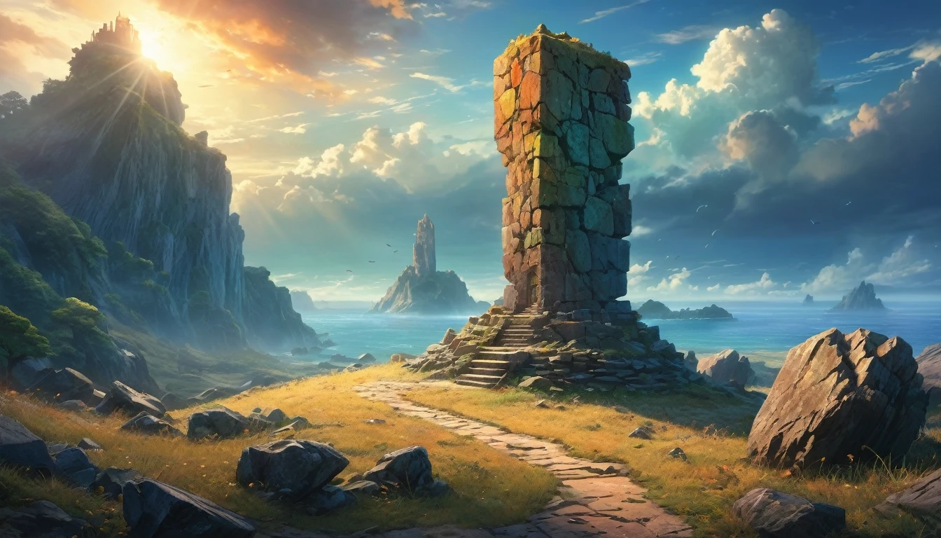 (anime, fantasy, stone beacon),(best quality, highres, HDR:1.2), vibrant colors, mysterious atmosphere, big stone beacon on the horizon, weathered, crumbling down, debris, general shot, ethereal light, fantastical landscapes