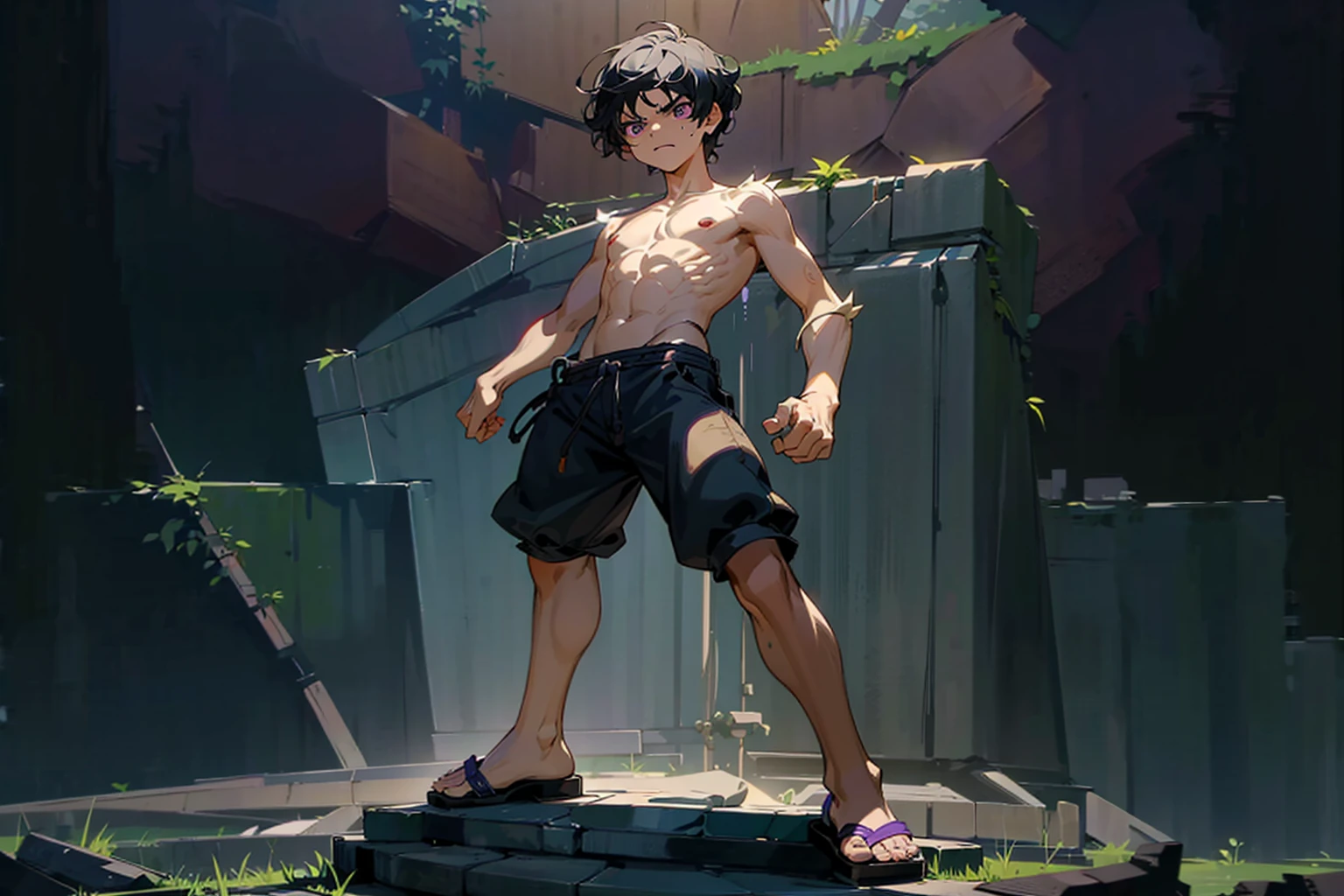 1ren boy, Full body version, 1character, purple eyes, short haircut, angry eyes, black color hair, topless, sandals, Grassroots, full background in town, motion blur, lighting, (one piece art), standing gesture