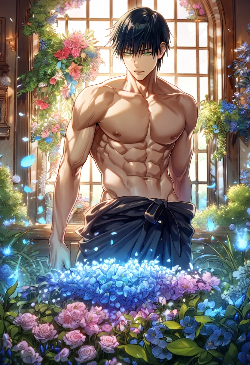 absurdres, highres, ultra detailed, HDR, master piece, Fushiguro Touji, black hair, expressive green eyes, bare chest, toned chest, Jujutsu Kaisen, sexy man, room, handsome, best quality, flowers, fantasy, magical, solo, blue shining fireflies, blue petals, sensual