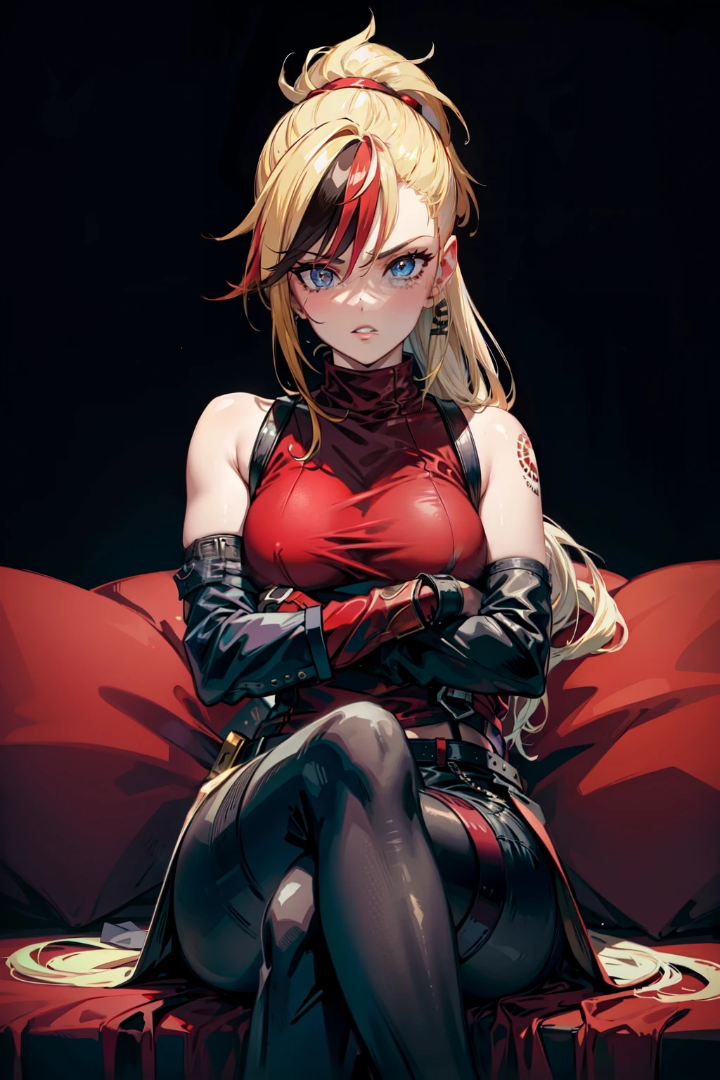 (masterpiece, best quality:1.2), red glowing eyes, red eyes, the eyes are red, perfect face, strong make up, highres, 1 girl, ultra long ponytail, (female:1.5), strife, blonde hair streaked with lots of red highlights, two colors hair (blond and red), hight flame mistress outfit, shoulder armor, sleeveless turtleneck, suspenders, belt, gloves, bracer pre potent smile, crossing legs, crossing arms , evil smile, evil pose, sitting, portrait, looking at viewer, Her hair is streaked with lots red and blonde highlights, moon tribal tattoo.