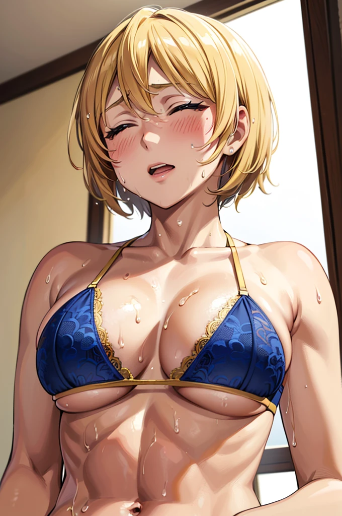 masterpiece, best quality, ultra detailed, ultra high resolution, very detailed face, solo, ((anime)), 20 years old girl, (((lace bra))), ((golden short hair)), (((medium breast))), (six pack abs:1.2), (((extasy face, close eyes))), ((sweat:1.22)), in the room