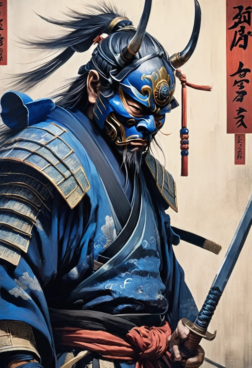 A Japanese warrior ronin with magnificent mask in portrait, the atmosphere is heavy and sad. It's very detailed and in the atmosphere of the old quarter of the time, spirits cling to his shoulders, he holds his sword of spiritual balance, blue Oni mask