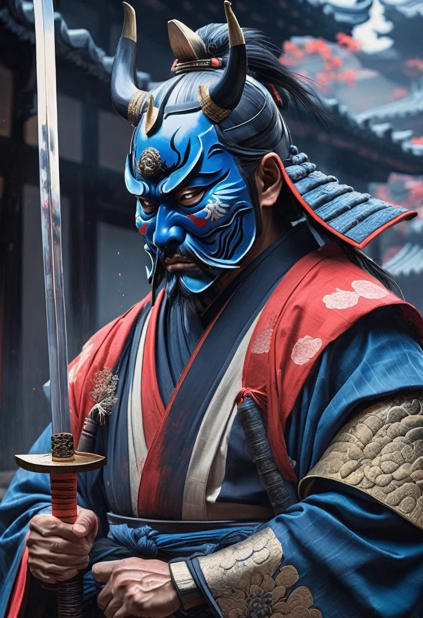 A Japanese warrior ronin with magnificent mask in portrait, the atmosphere is heavy and sad. It's very detailed and in the atmosphere of the old quarter of the time, spirits cling to his shoulders, he holds his sword of spiritual balance, blue Oni mask