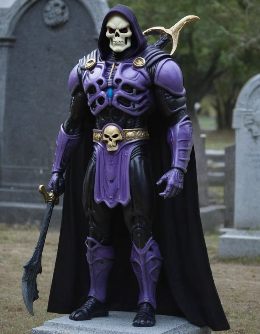 skullish, horn curved towards the back of the head, No eyes, black cloack, skeletor, apavorante, The background is a cemetery, com corpo inteiro de skeletor, serious face with a bone cane 
