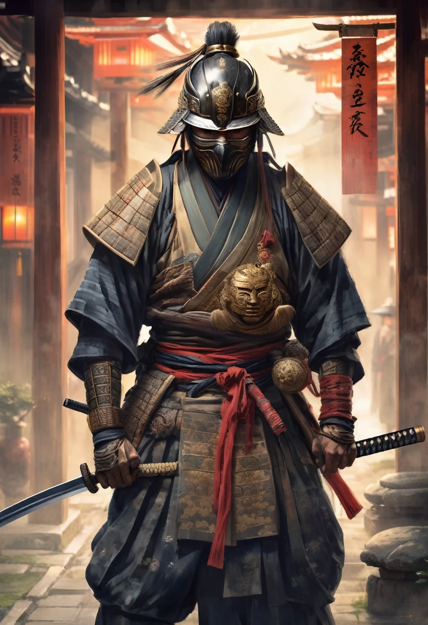 A Japanese warrior ronin with magnificent mask in portrait, the atmosphere is heavy and sad. It's very detailed and in the atmosphere of the old quarter of the time, spirits cling to his shoulders, he holds his sword of spiritual balance