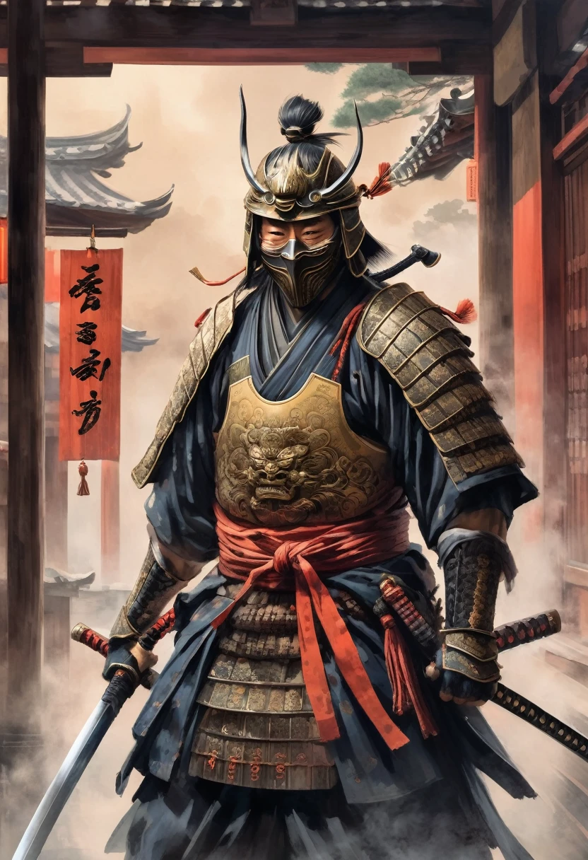 A Japanese warrior ronin with magnificent mask in portrait, the atmosphere is heavy and sad. It's very detailed and in the atmosphere of the old quarter of the time, spirits cling to his shoulders, he holds his sword of spiritual balance 