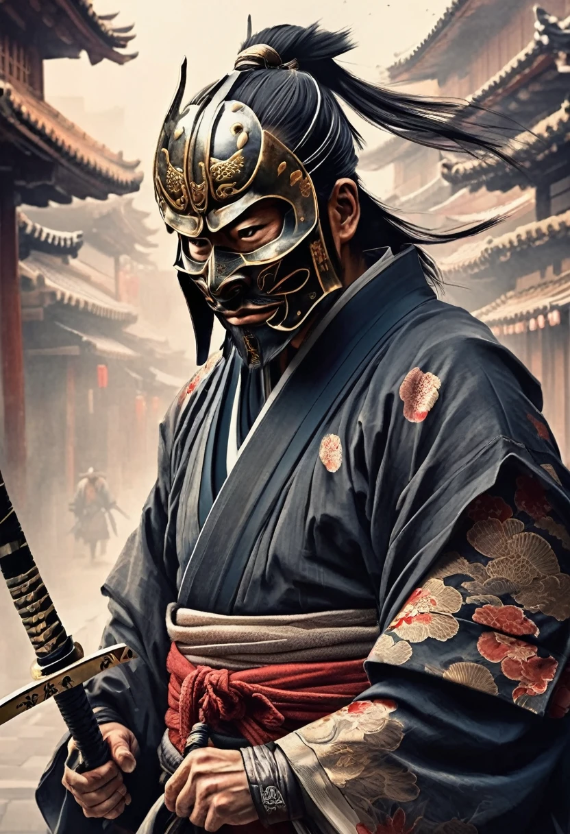 A Japanese warrior ronin with magnificent mask in portrait, the atmosphere is heavy and sad. It's very detailed and in the atmosphere of the old quarter of the time, spirits cling to his shoulders, he holds his sword of spiritual balance