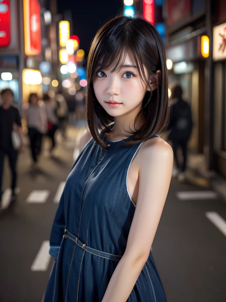 1girl, Tokyo street,night, cityscape,city lights, upper body,close-up, 8k, RAW photo, best quality, masterpiece,realistic, photo-realistic, Bule eye:1.4, Hair Style random, front cover,