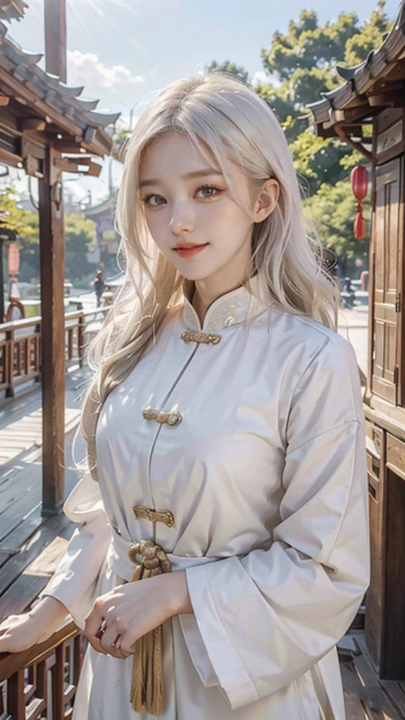 best quality, masterpiece,white hair, gold eyes,white clothes, looking up, upper body,Fair skin, long wavy hair  Chinese wooden architecture behind, sunlight falling on her , closed mouth, smiling, drunk blush, looking at viewer 