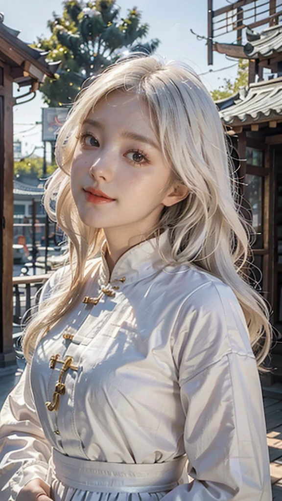 best quality, masterpiece,white hair, gold eyes,white clothes, looking up, upper body,Fair skin, long wavy hair  Chinese wooden architecture behind, sunlight falling on her , closed mouth, smiling, drunk blush, looking at viewer 
